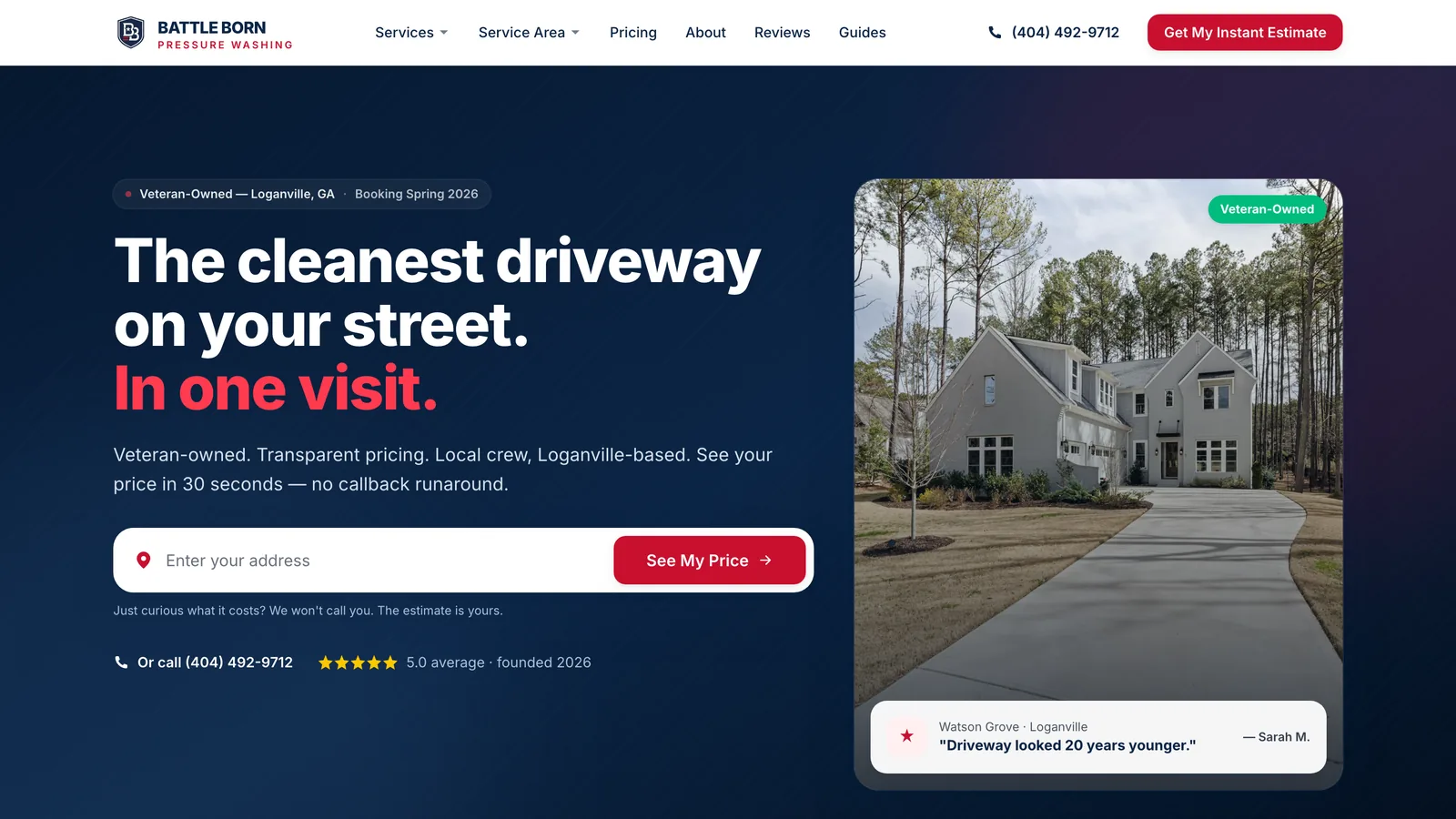 The Battle Born Pressure Washing homepage we designed and built, showing the instant-estimate address bar and published pricing.