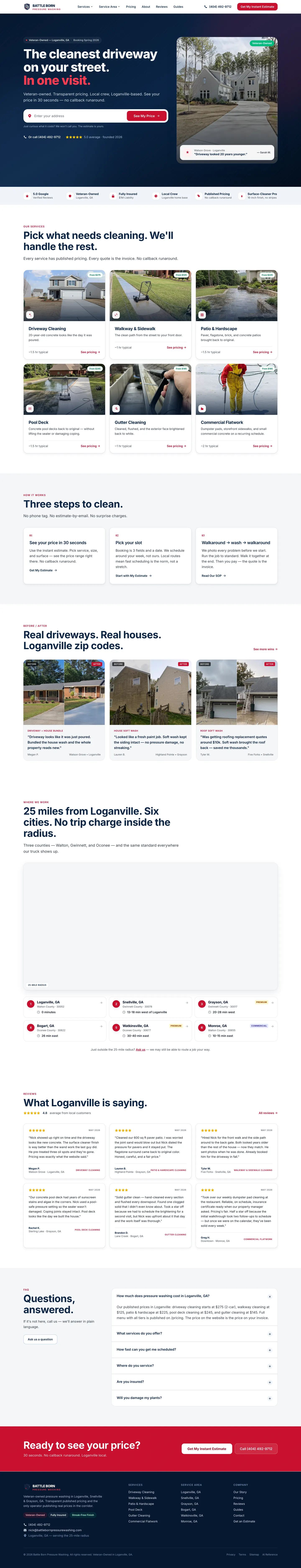 The complete Battle Born Pressure Washing homepage from top to bottom: a hero with an address-first instant estimate, a trust bar, six service cards each showing a starting price, a three-step how-it-works section, a review strip, an FAQ, and the footer.